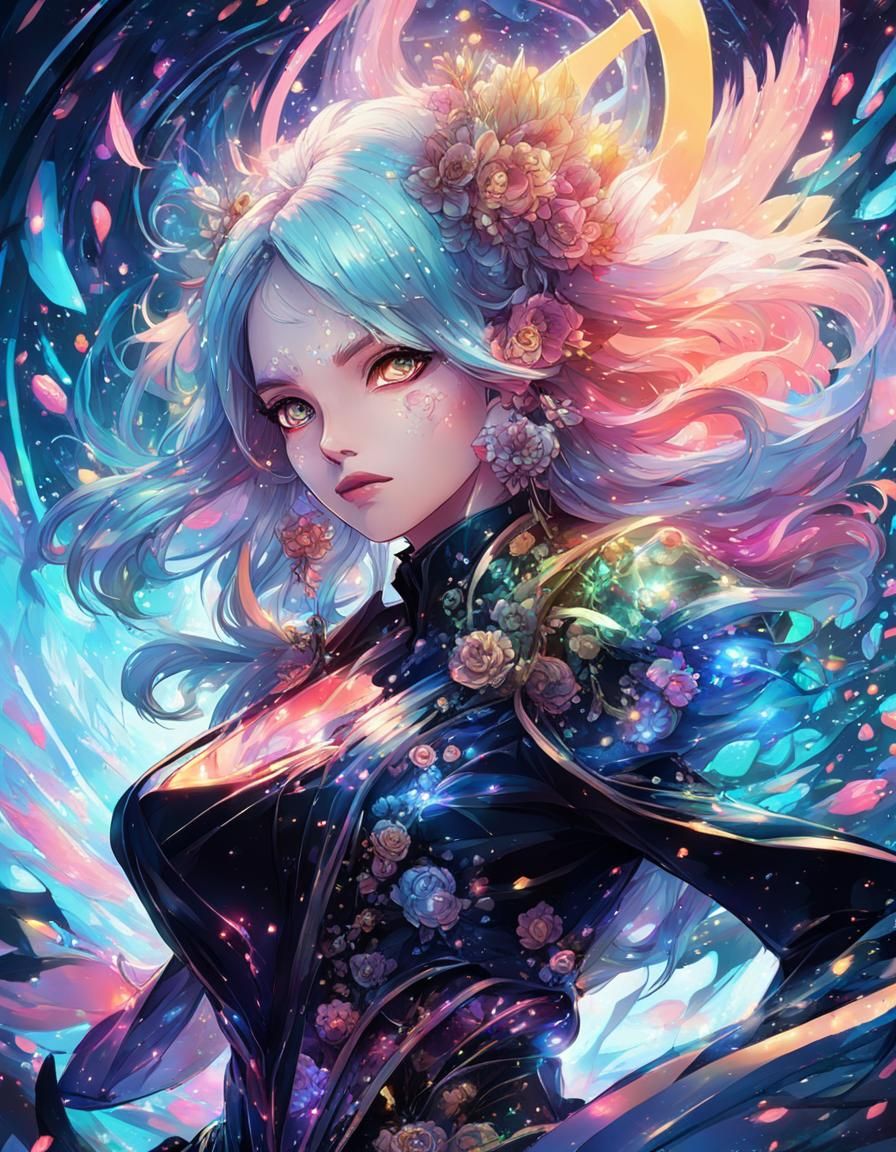 Cyberpunk Anime Wizard Portrait with Floral Robe