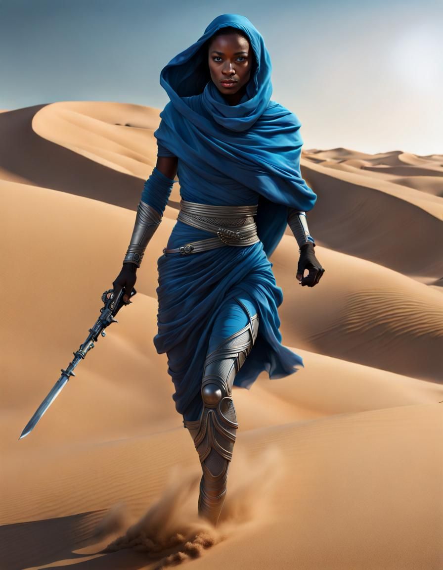 Running Dune fremen stillsuit hyperdetailed dark woman glowi...