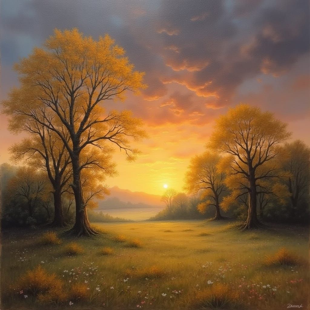 Warm Sunset Landscape in Impressionistic Style