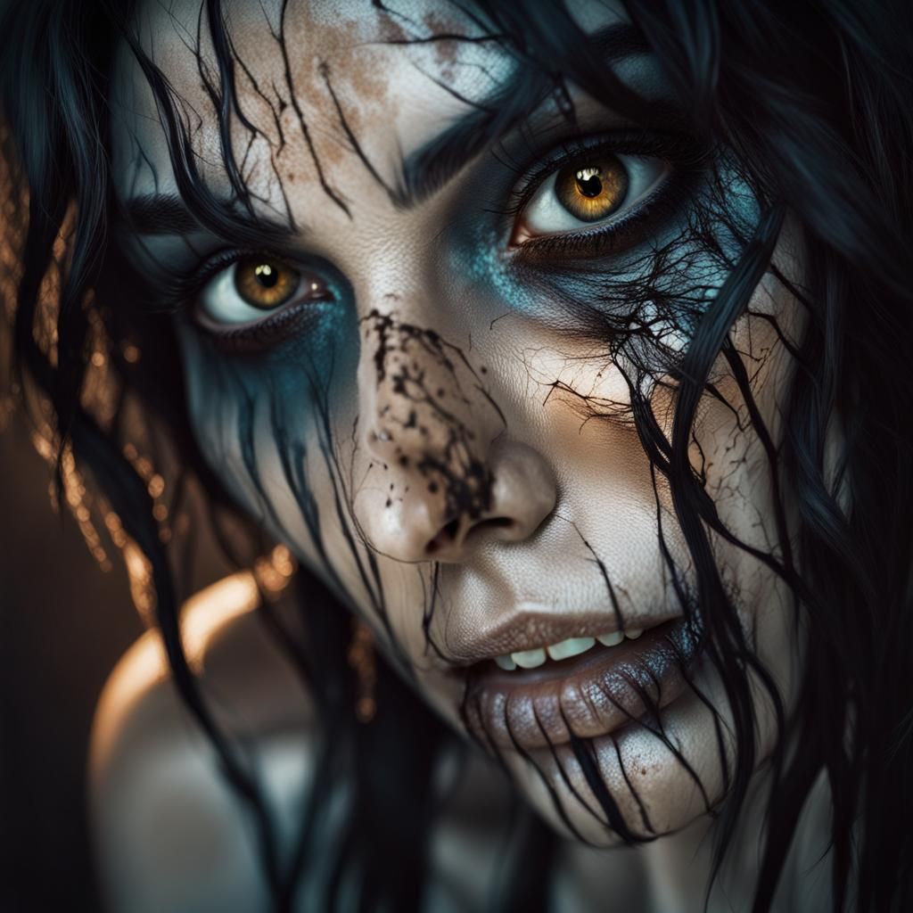 Terrified Woman with Ashen Skin in Horror Style