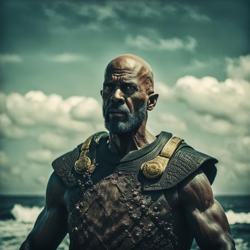 Poseidon as Black Bald Man in Cinematic Style