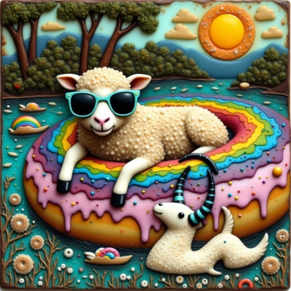 Whimsical Sheep Floats Downriver in Rainbow Donut