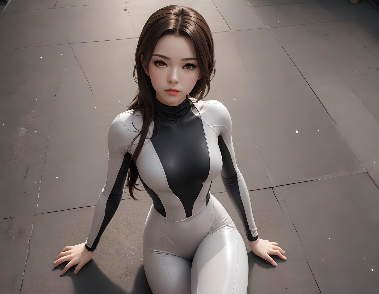 Brunette in tight body suit ground perspective