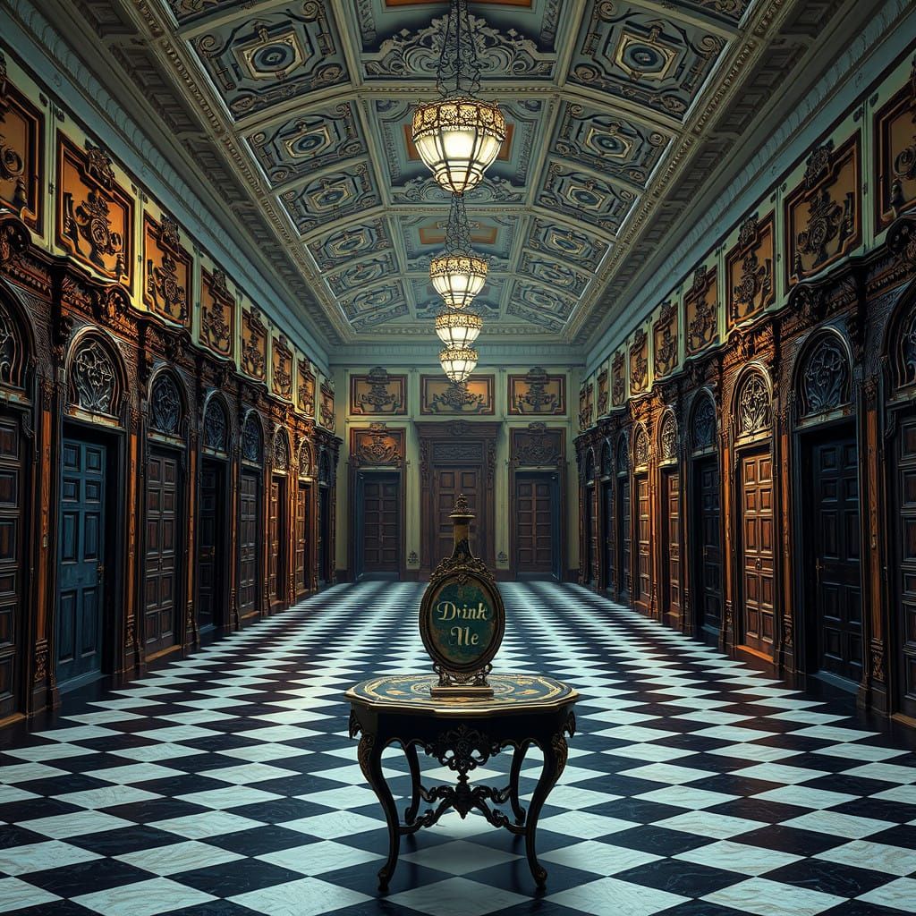 Grand, High-Ceilinged Room with Intricately Carved Doors and...