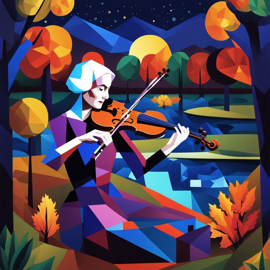 Cubist Woman Plays Violin by Pond at Night