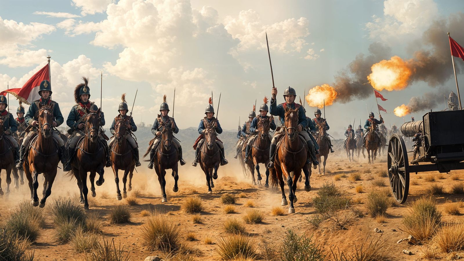 Dramatic Battle Scene of Charging Horses and Cannons in Cine...