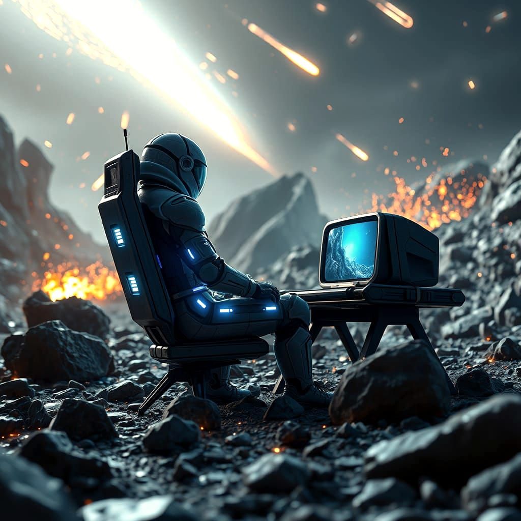 Astronaut Watching TV on Rocky Planet in Digital Art