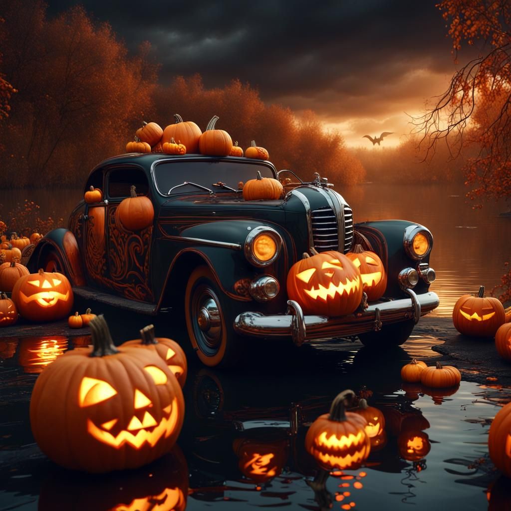 Halloween Car with Horror Pumpkins in River