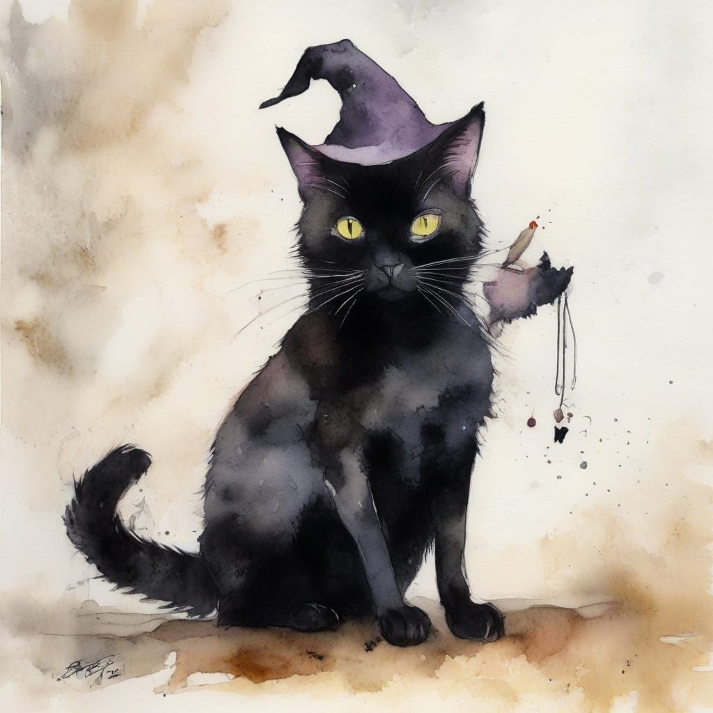 Black Cat Witch Watercolor Illustration