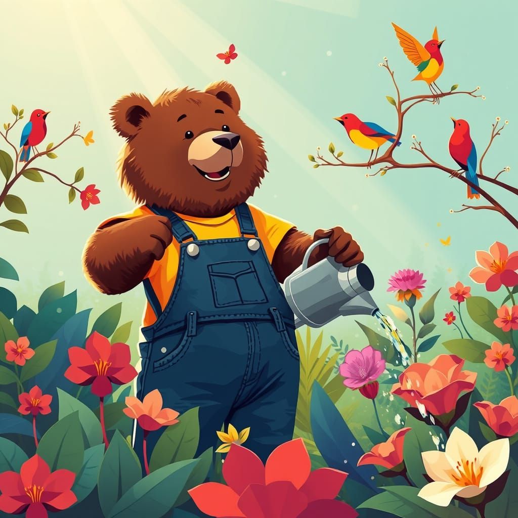 Bear's Joyful Morning Garden: A Pop Art Digital Rendering