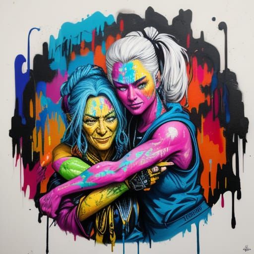 Graffiti Mural of Embracing Elderly Figures