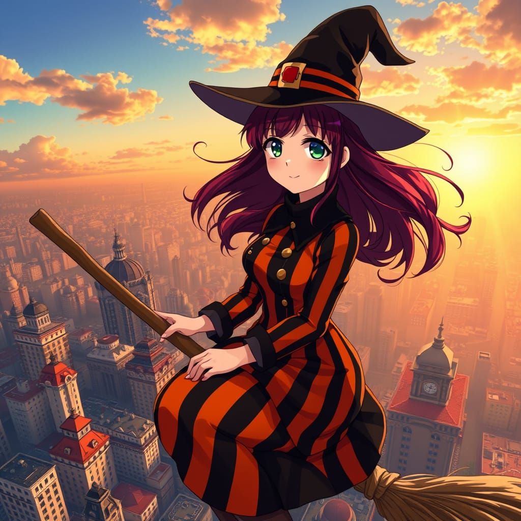 Sensual Anime Woman Soars Through Dawn Cityscape in Vibrant ...