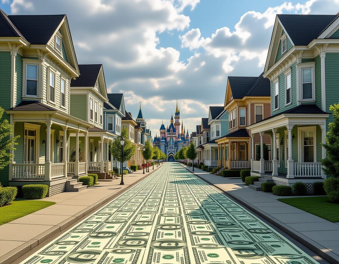 City Street Lined with Houses Made of Money