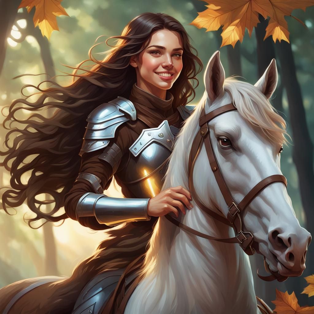 Ranger Girl on Horseback in Sunlit Forest