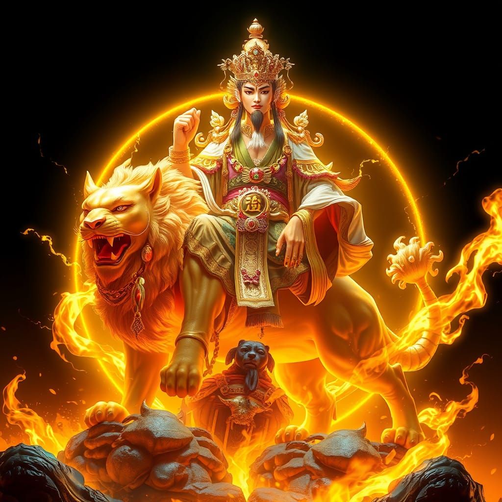 Wénshū Púsà on Lion in Luminescent Aura