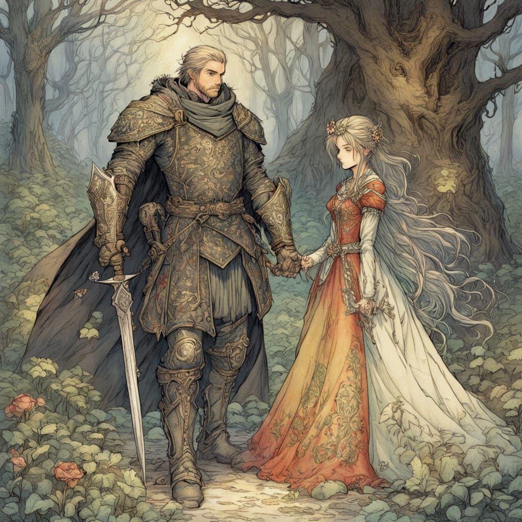 Paladin and Princess in Enchanted Forest, Anime Style