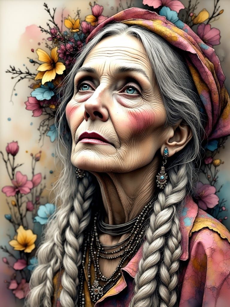 Elderly Woman with Intricate Braids in Cinematic CGI
