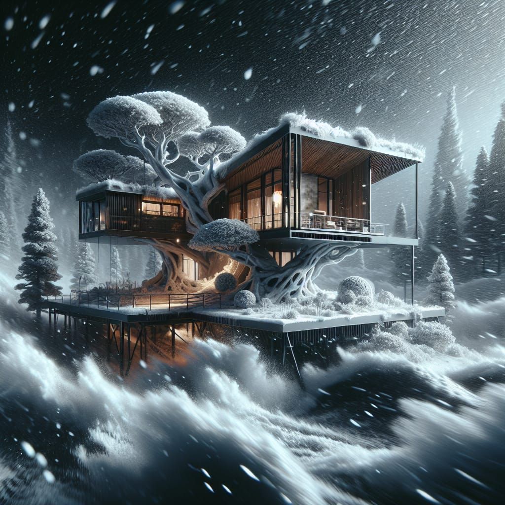 Dystopian Treehouse in Snowstorm: 8k Concept Art