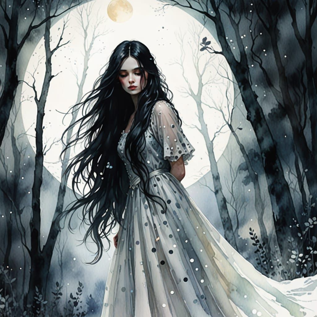Ethereal Woman in Moonlit Forest Watercolor Painting