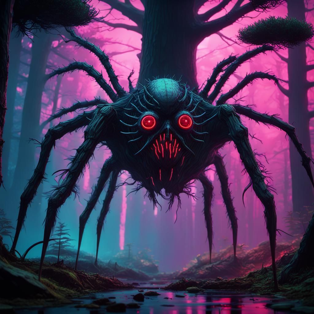 Terrifying Spider-Faced Tree in Haunted Cyberpunk Forest