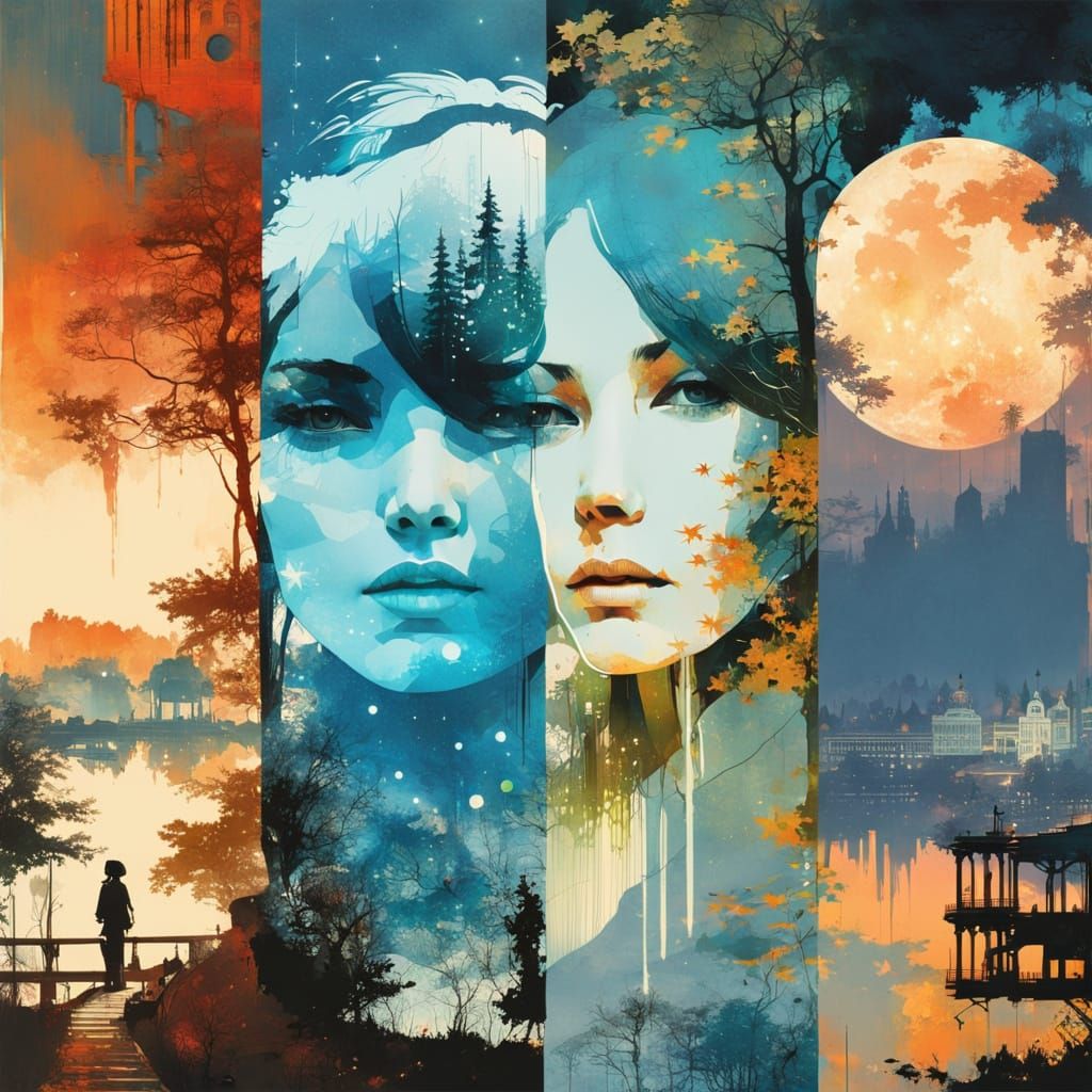 Galaxy Drips into Cityscape Double Exposure Art