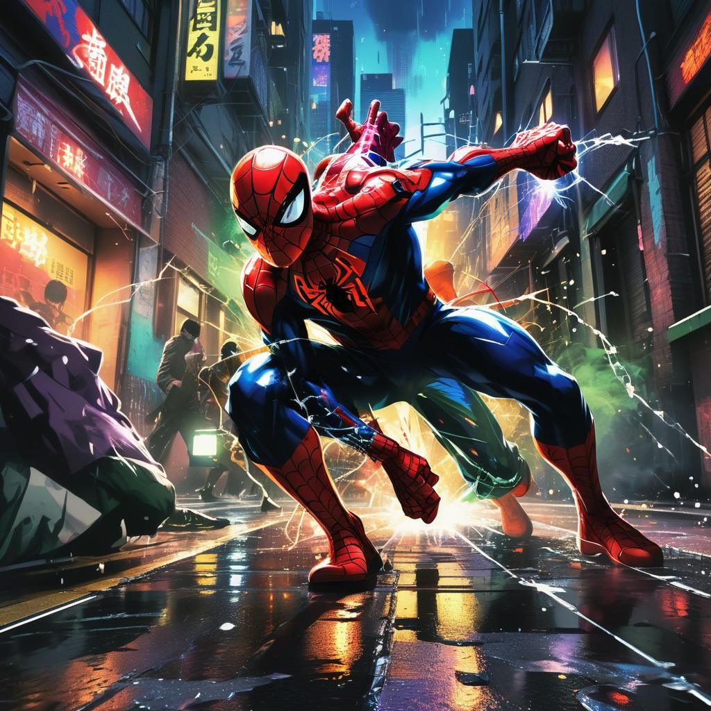 Spider-Man Punches Villains in Dynamic Anime Style