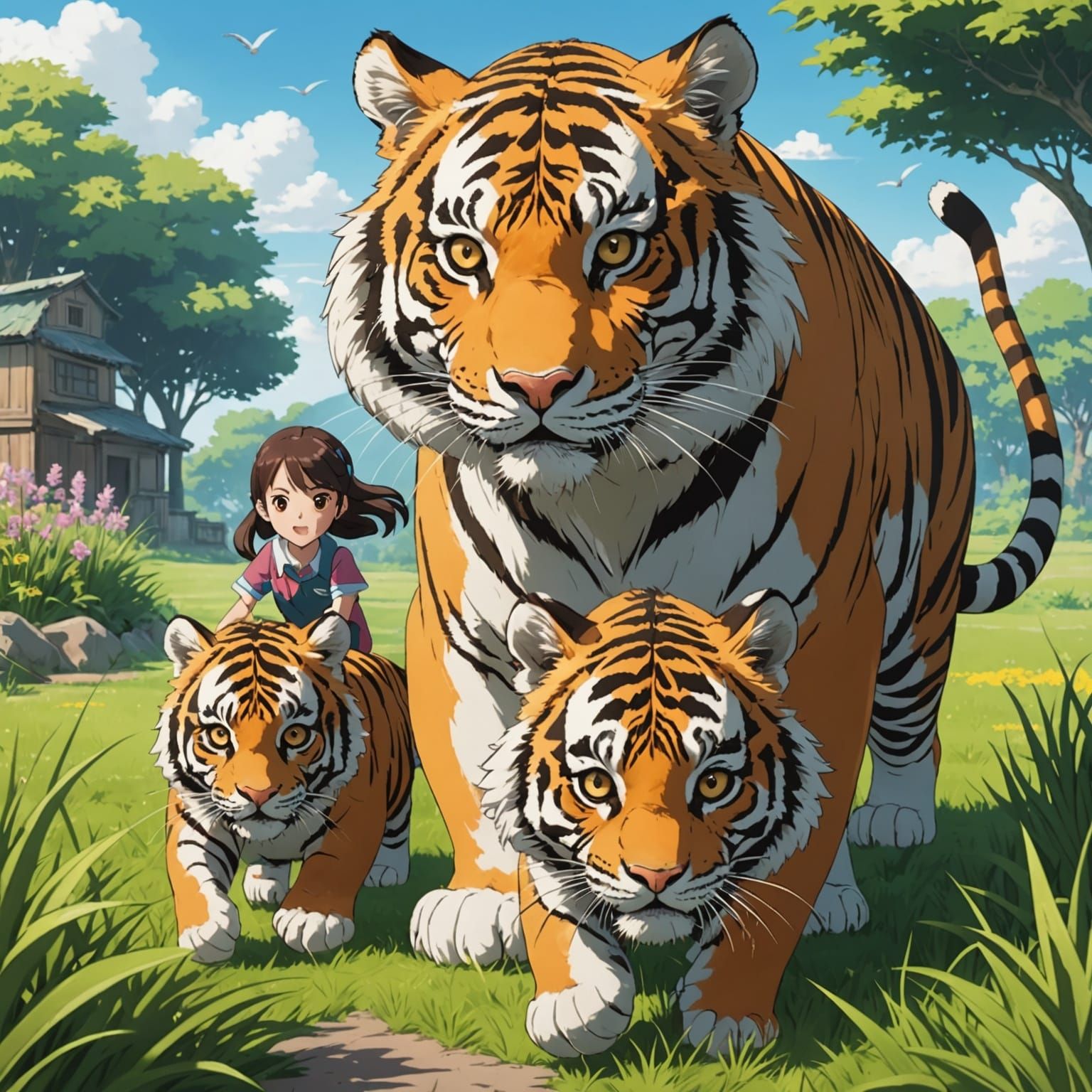 Anime Style Bunny Family with Tiger