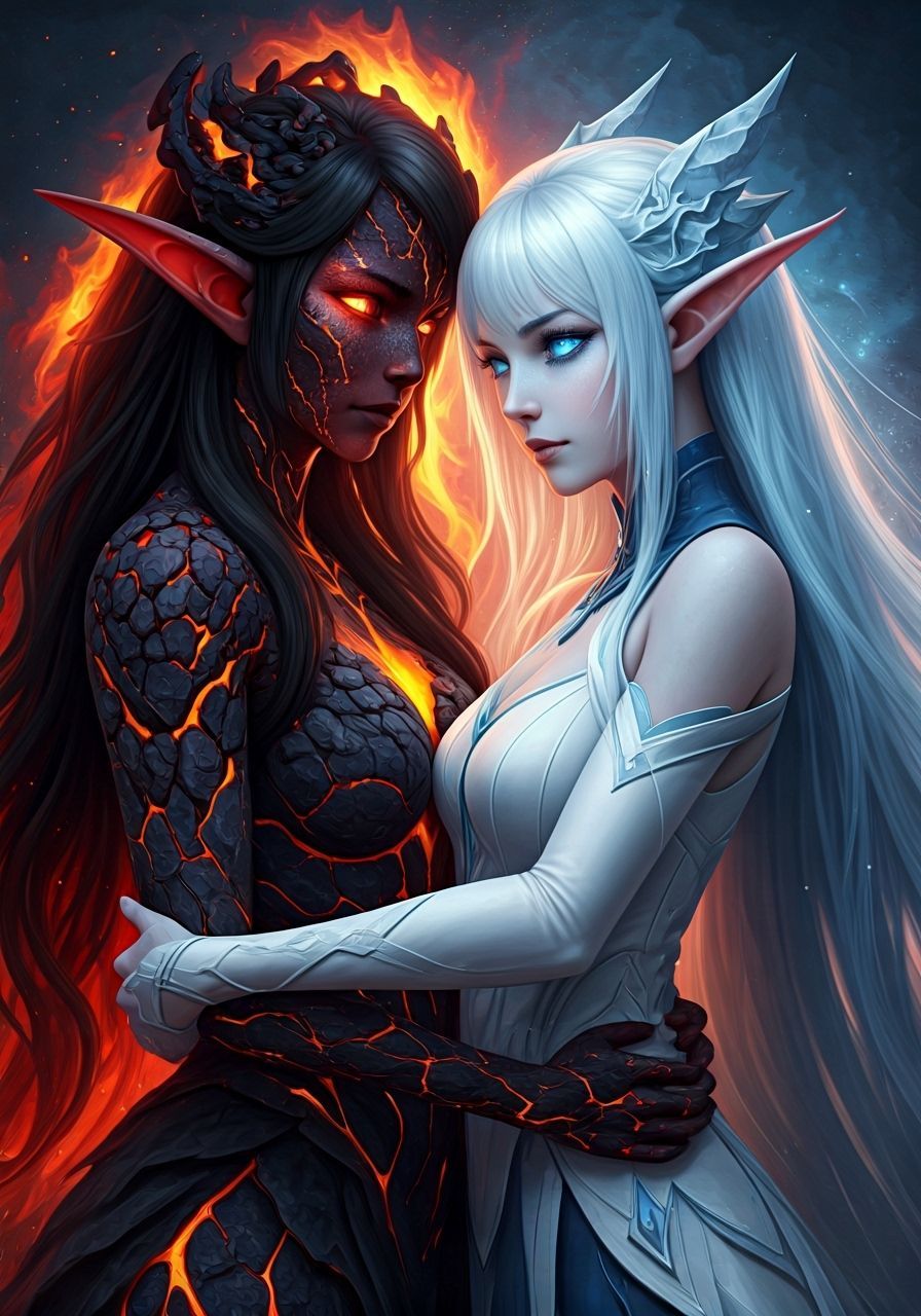 Fire and Ice Elves Embrace in 3D Anime Style