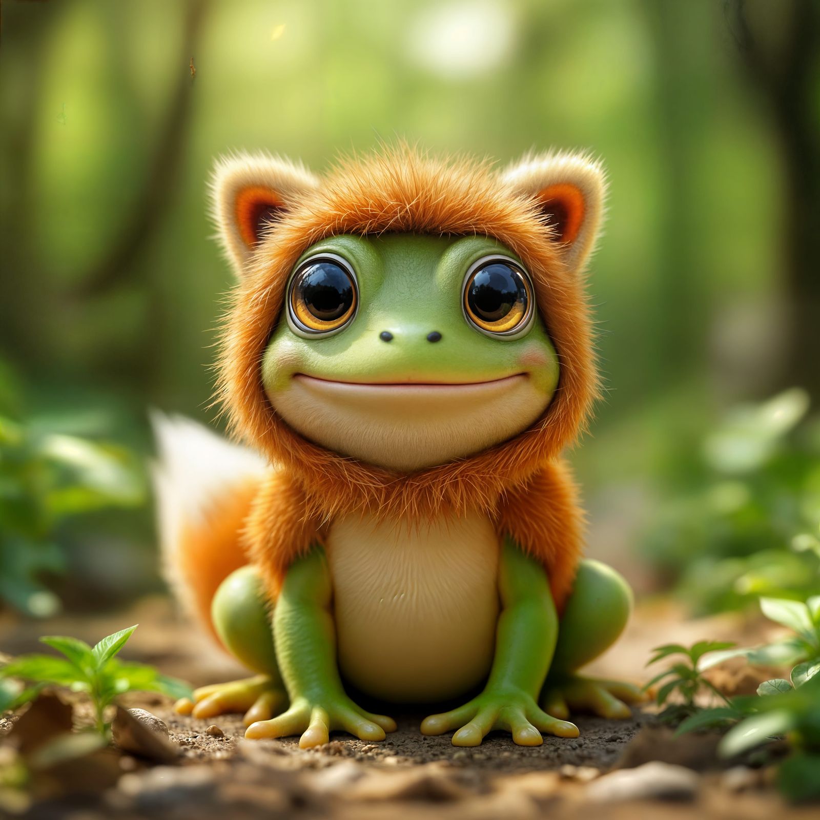 Surreal Frog in Fuzzy Fox Costume Basks in Forest Sunlight