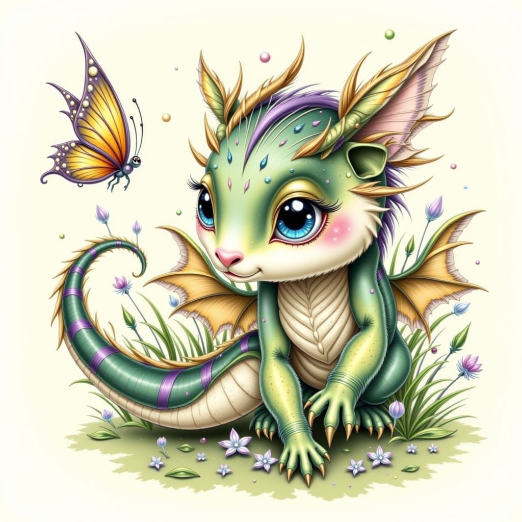 Victorian Watercolor: Dragon Hatchling with Fairy