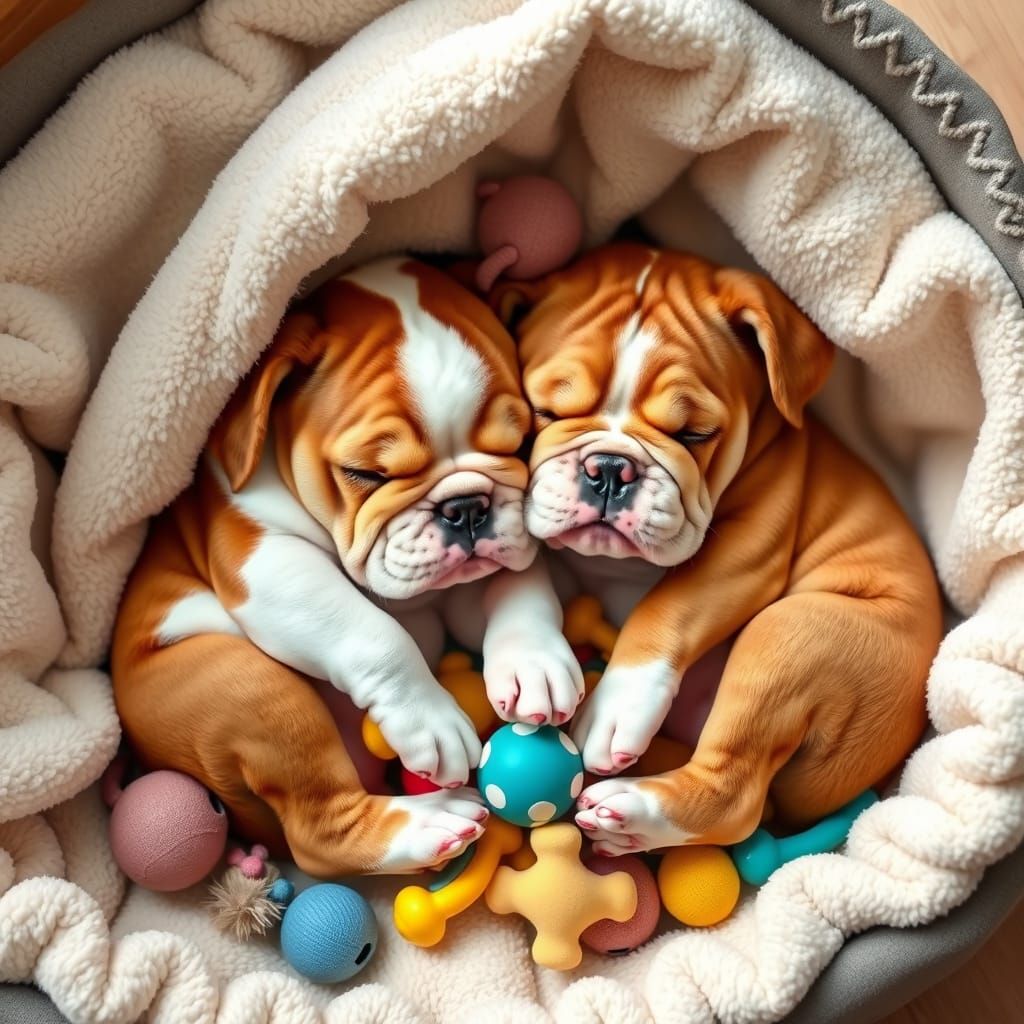 Whimsical British Bulldog Puppy Duo Slumber Scene in Vibrant...