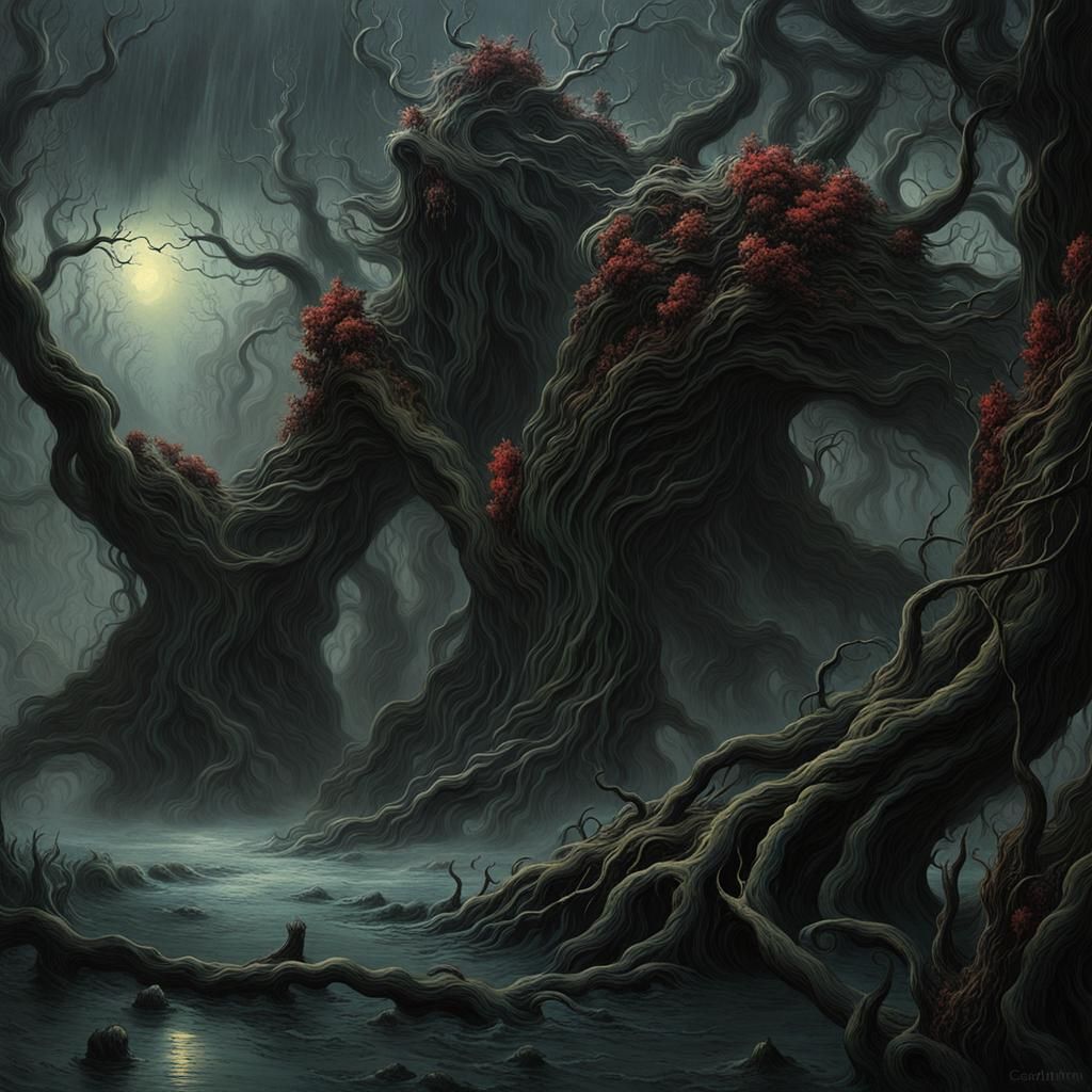 Eerie Horror Landscape with Blood River