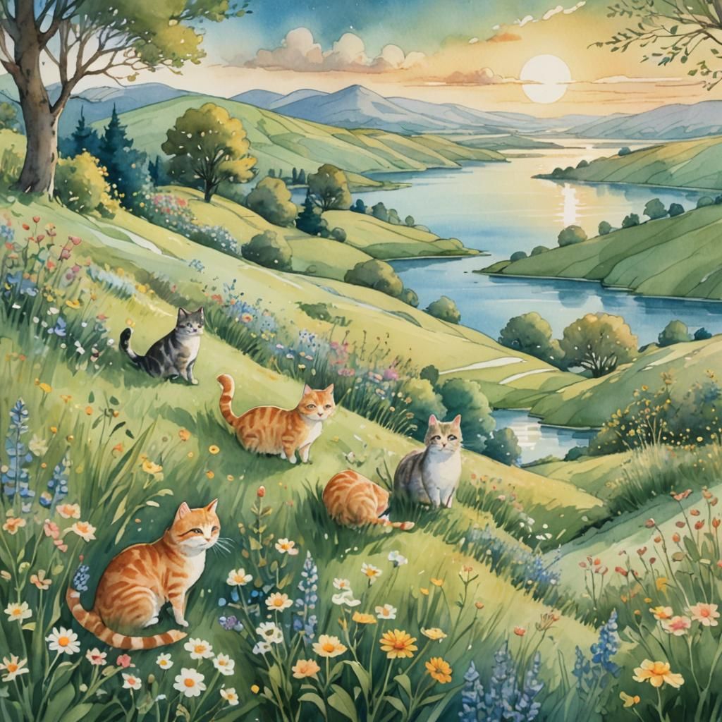 Cats Explore Whimsical Watercolor Fantasy Landscape