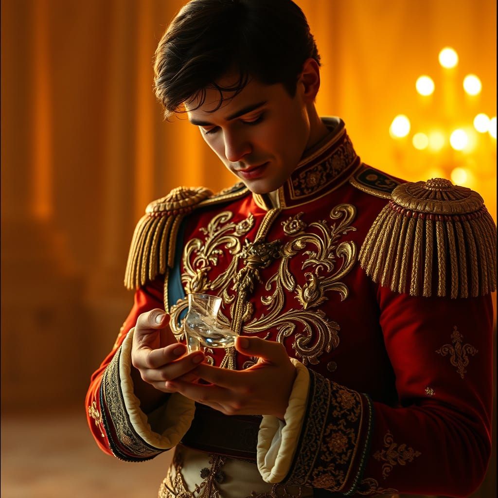 Prince Charming Holds Cinderella's Glass Slipper in a Golden...