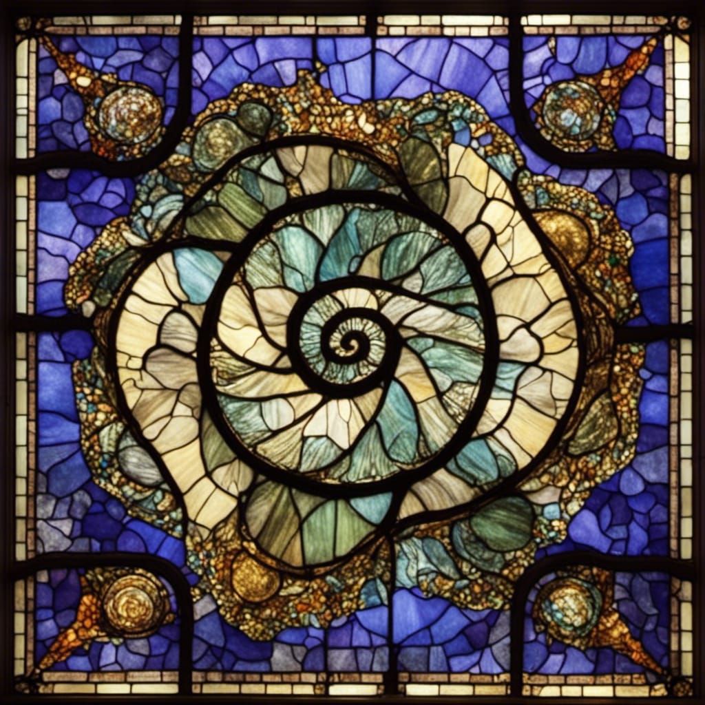sea snail shell, at the center of a Stained glass window.