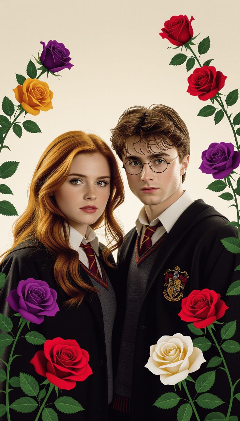 Harry and Ginny in a Vibrant Floral Scene