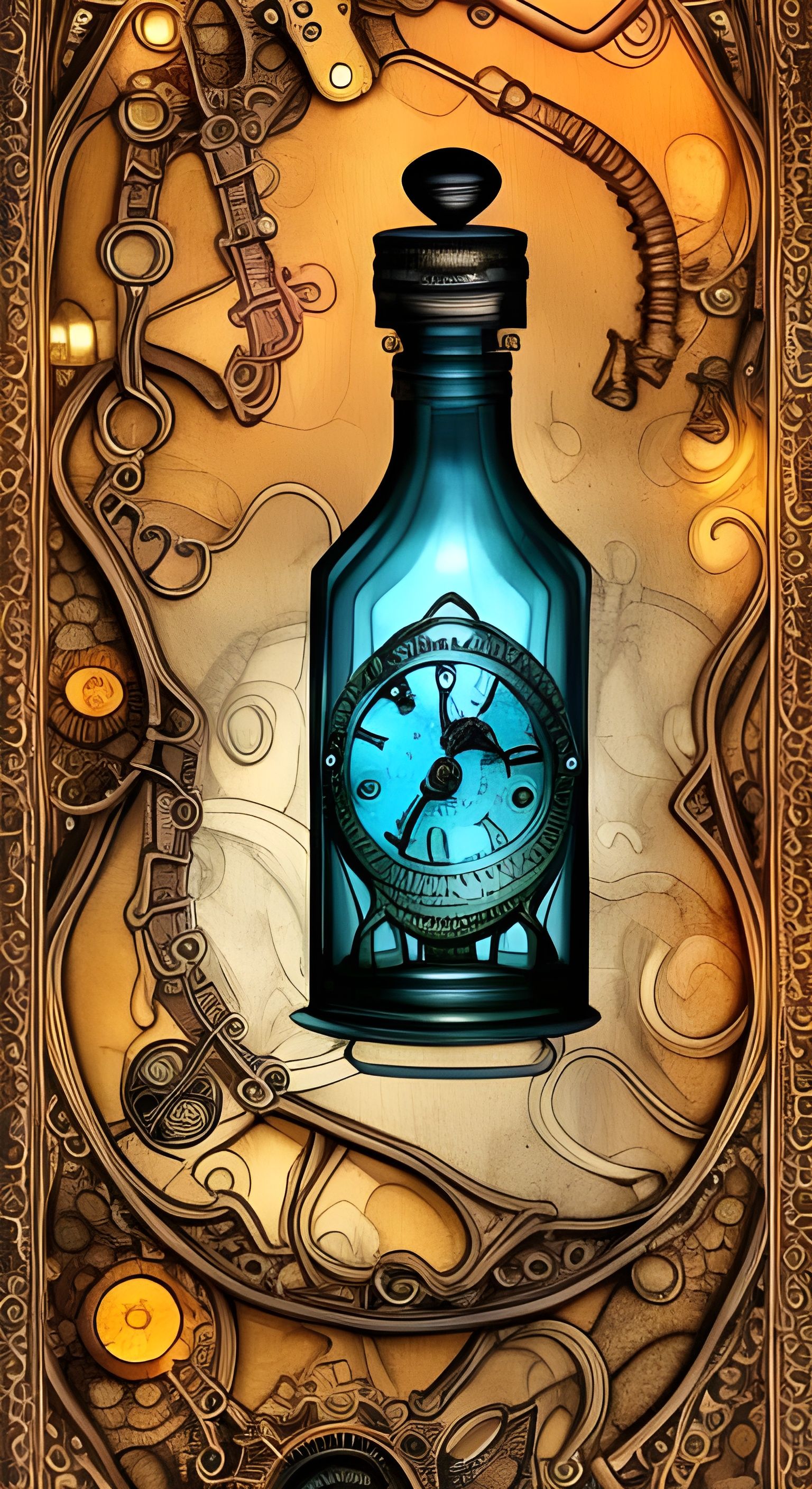 Steampunk Djinn in Ornate Glass Bottle