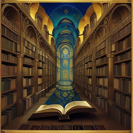 Scholar in Borges Library: Surrealist Dreamscape