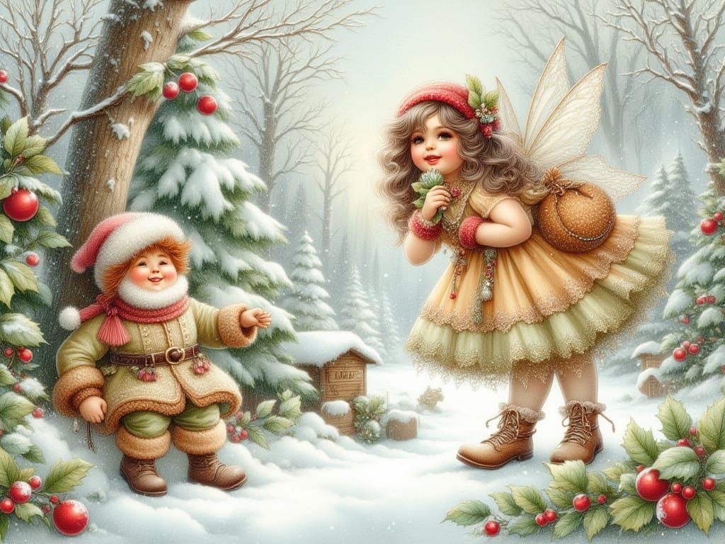 Whimsical Fairy and Elf Vintage Christmas Card