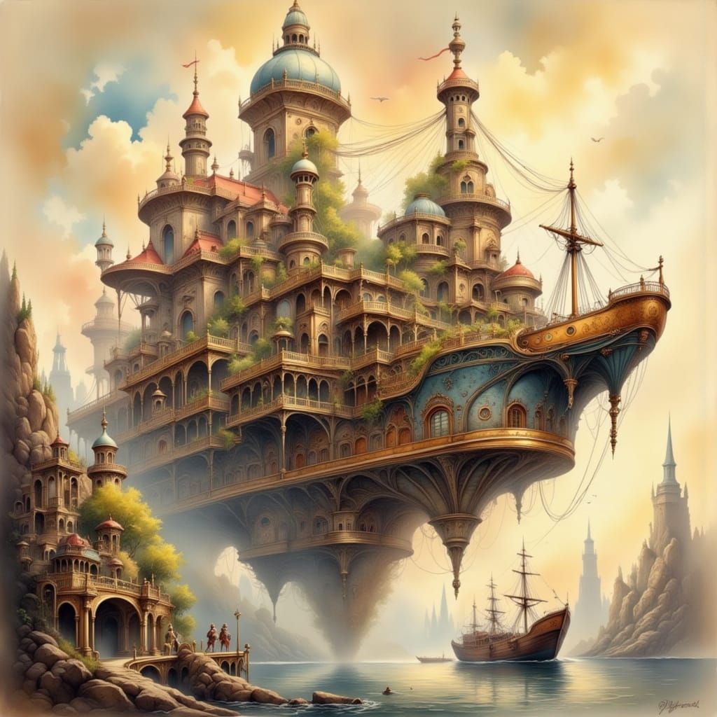 Steampunk Airship Docked at Floating Island Port