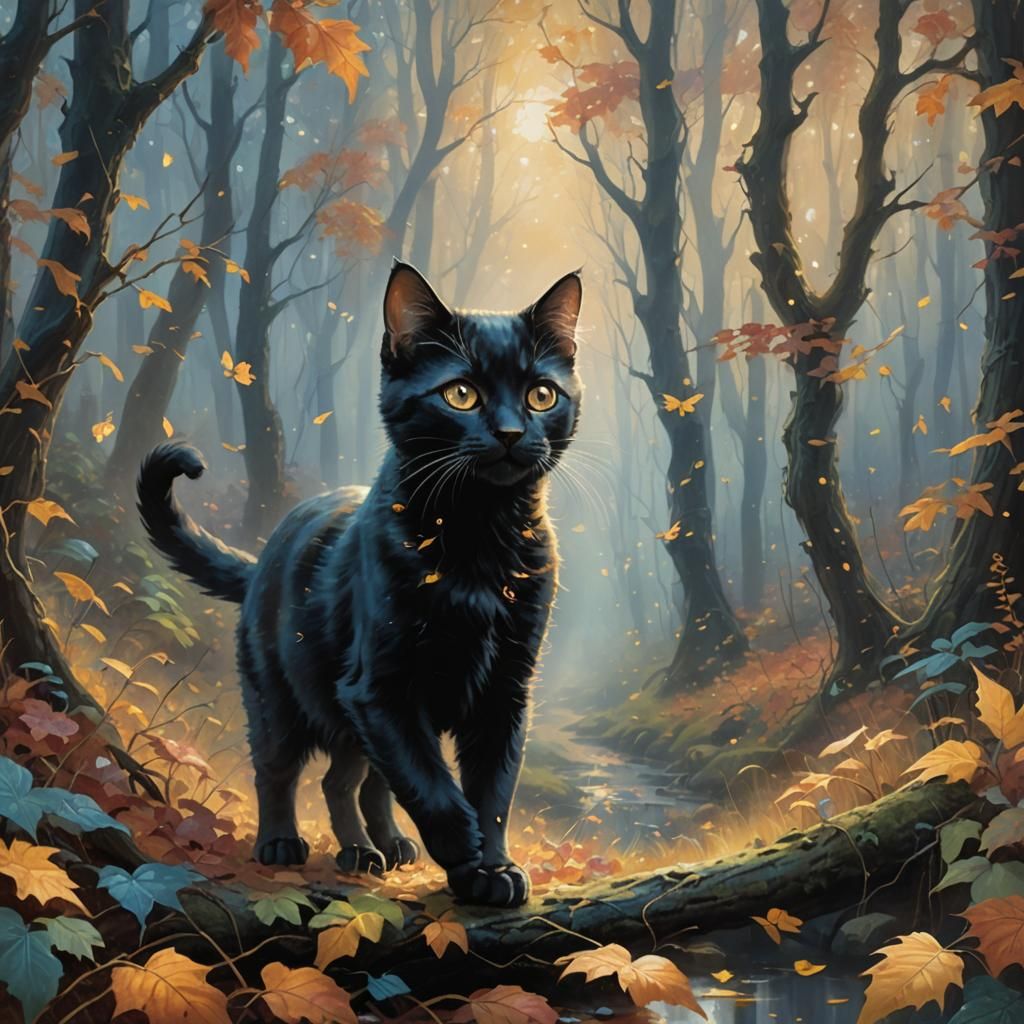 Black Kitten in Autumn Forest, Oil Painting Style