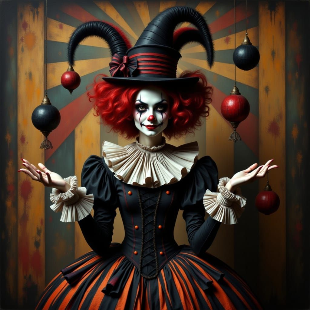 Gothic Jester Art: Pale Skin, Red Hair, Dark Circus Style