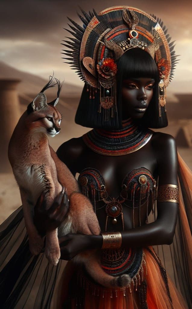 Egyptian Goddess Pakhet Hunts in Ancient Desert Landscape