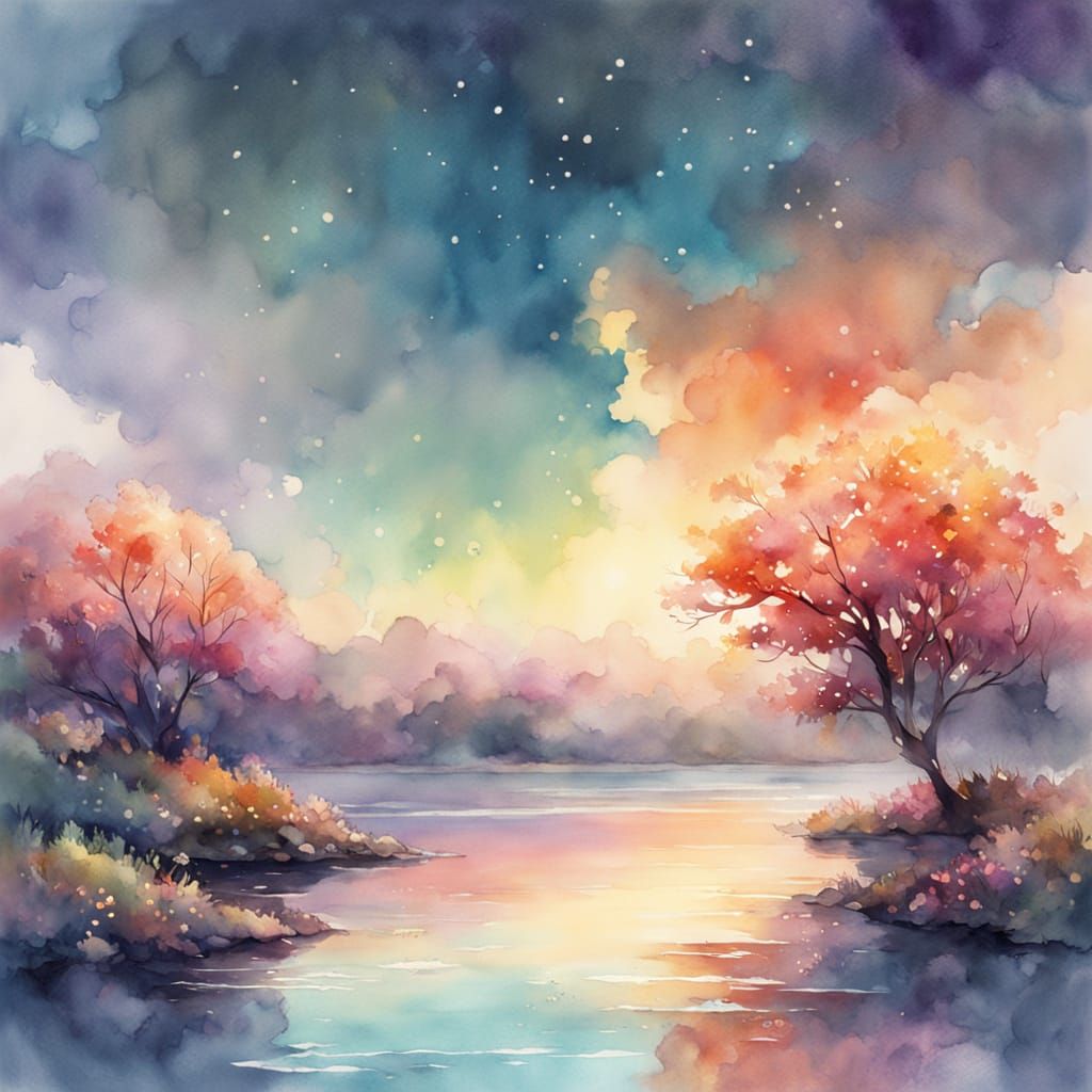 Serene Dawn Lake with Luminous Flowers Splash Art