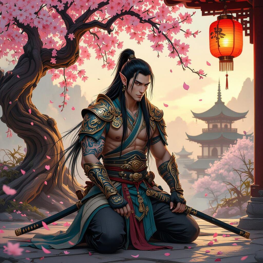 Elven Warrior in Fantasy Asian Armor Under Cherry Blossom Tr...