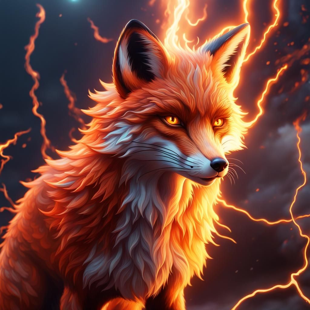 Summer Fox with Fire Lightning, Detailed Matte Painting