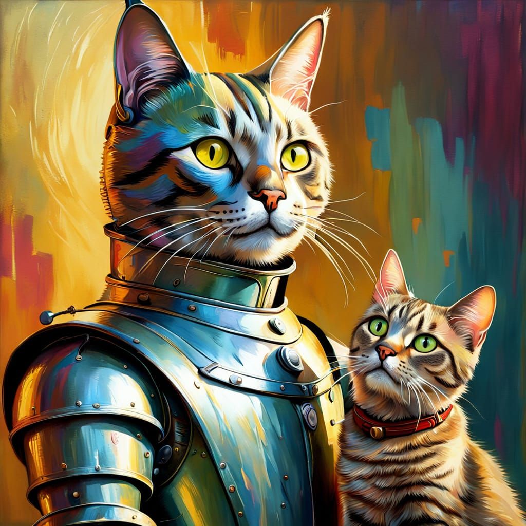 Whimsical Tin Man with Feline Companion in Vibrant Oil Paint...