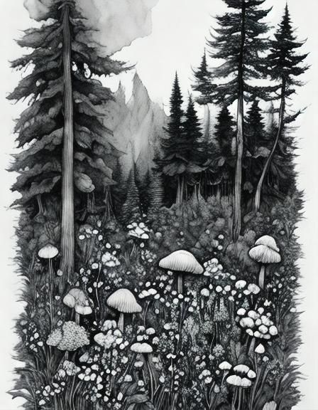 Cottagecore Pen and Ink Wildflowers and Mushrooms