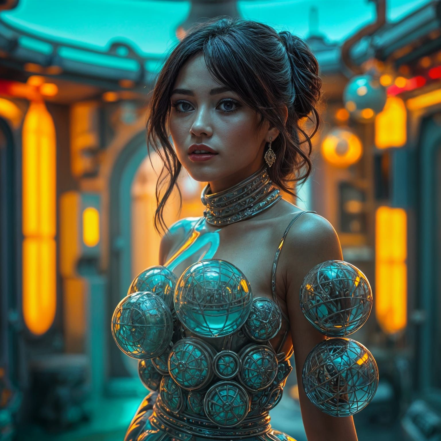 Woman in Glossy Latex Sphere Dress