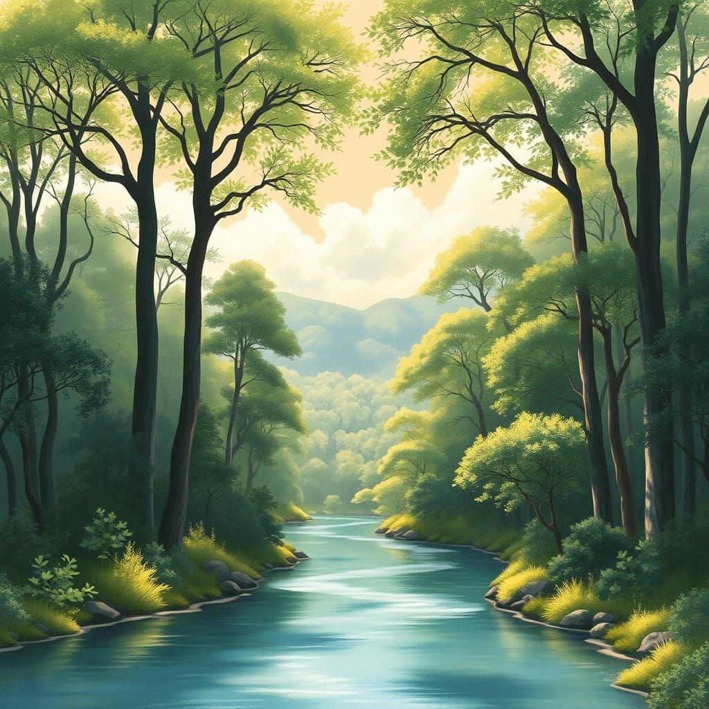 Idyllic Summer Forest Scene in Dreamy Watercolor Style